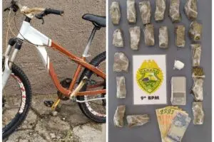 Porções de maconha e cocaína, além de uma bicicleta foram apreendidas