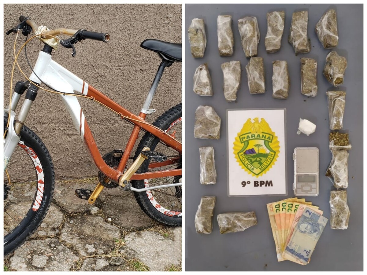 Porções de maconha e cocaína, além de uma bicicleta foram apreendidas