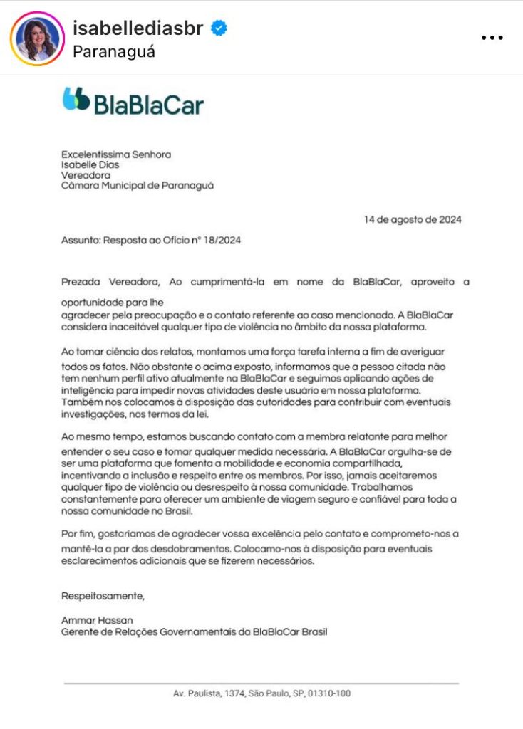 Vereadora Isabelle Dias, que também é procuradora da mulher, na Câmara de Paranaguá, cobrou um posicionamento da empresa BlaBlaCar. Foto: Reprodução