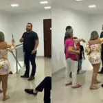 Momento em que advogado contesta o uso da área comum para celebração e gera reação entre os presentes.