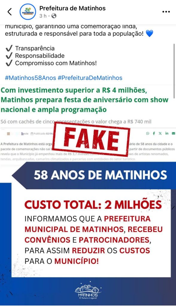 Prefeitura de Matinhos fez publicação em que desmente notícia divulgado pelo JB Litoral, mas não compra acusações (Foto: Reprodução/ Redes Sociais)