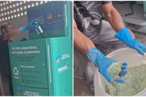 Máquina que transforma garrafas de vidro em areia está em operação na sede da Associação Municipal dos Agentes Ambientais de Matinhos (Amagem). Foto: Divulgação/Prefeitura de Matinhos Foto 2 – Cada máquina custa cerca de R$ 50 mil e são obtidas po