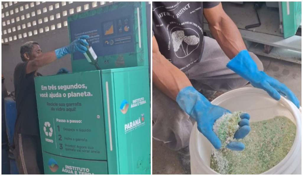 Máquina que transforma garrafas de vidro em areia está em operação na sede da Associação Municipal dos Agentes Ambientais de Matinhos (Amagem). Foto: Divulgação/Prefeitura de Matinhos Foto 2 – Cada máquina custa cerca de R$ 50 mil e são obtidas po