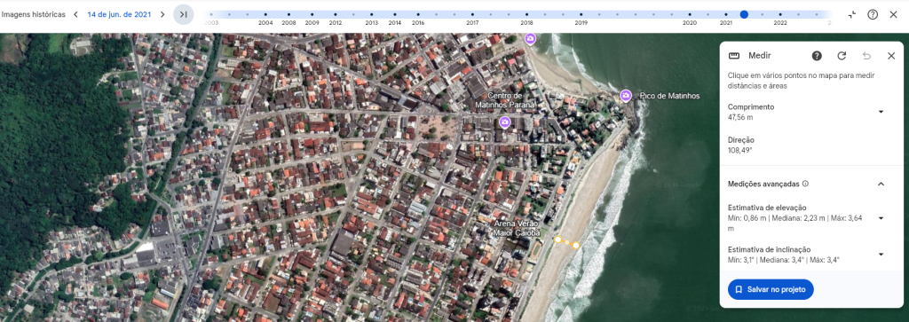 Em imagem captada em junho de 2021, portanto antes da engorda, a largura da faixa de areia era de 47,5 metros. Foto: Google Earth