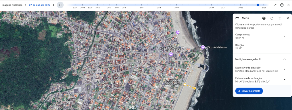 Em outubro de 2022, a medição realizada na imagem captada via satélite, em período que coincide com o final do engordamento da praia, atesta que a largura da faixa de areia dobrou, ficando com 101 m.