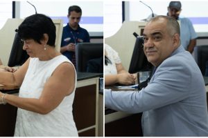 Mari Leite, eleita com 1.502 votos pelo AGIR, e Fabio Santos, em seu terceiro mandato consecutivo, compõem a atual legislatura da Câmara Municipal de Paranaguá. Fabio já ocupou a presidência do Legislativo. Fotos: Matheus Poli/JB Litoral e Câmara Municipal de Paranaguá.