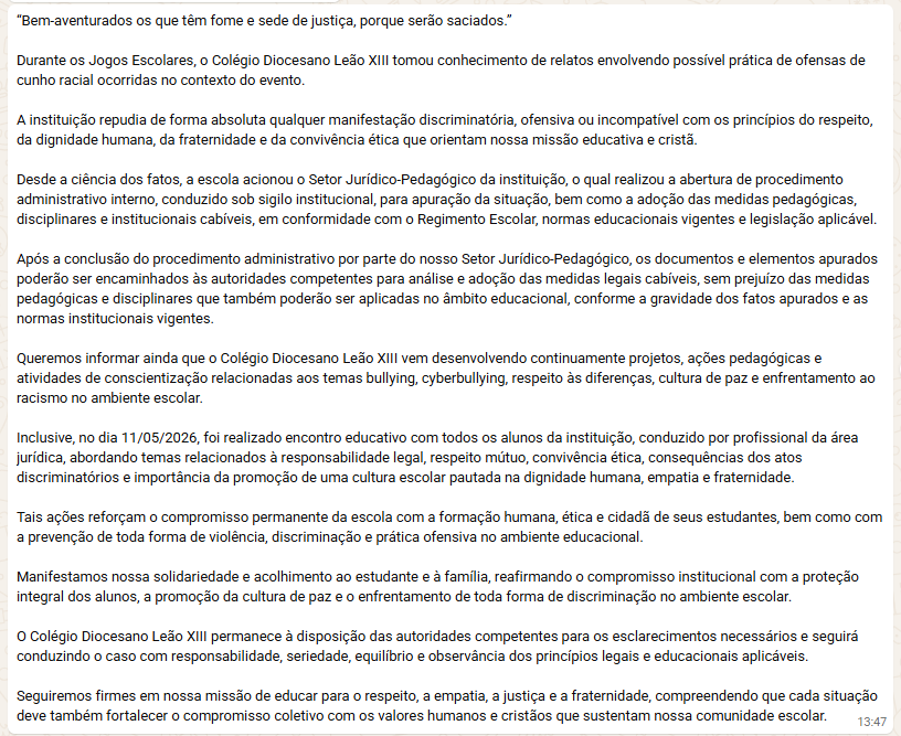 NOTA LEAO XIII – CASO RACISMO